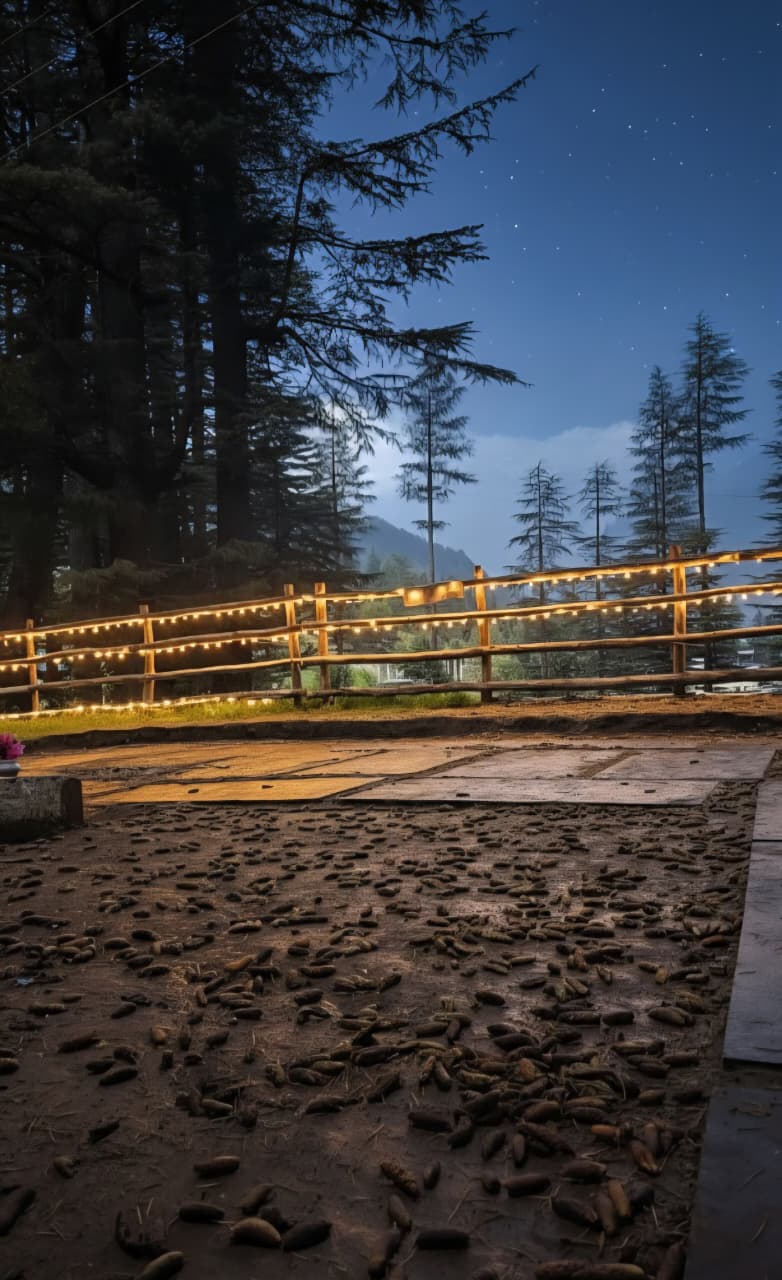 Hils&Paws property yard with fairy lights and mountain views at twilight in Old Manali